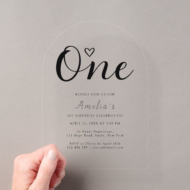 Invitaciones Acrílicas Cumpleaños moderno simple boho corazón primero (Insitu (portátil))
