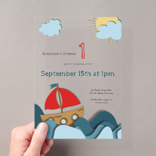 Invitaciones Acrílicas Cumpleaños náutico adorable de barco de vela