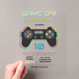 Invitaciones Acrílicas Cumpleaños Neon de Juegos de Video para Adolescent