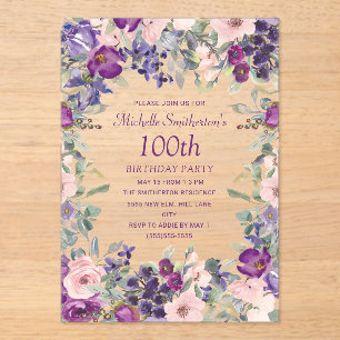 Invitaciones Acrílicas Cumpleaños número 100 de Floral Rosa con Tono Púrp