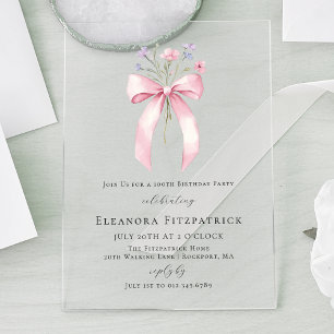 Invitaciones Acrílicas Cumpleaños número 100 Fiesta Lazo Coqueta Rosa Flo
