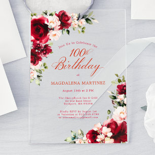 Invitaciones Acrílicas Cumpleaños número 100 Rosas Rojas Flor de Peonía R