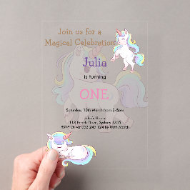Invitaciones Acrílicas Cumpleaños número 1 de niña de Unicornio de color