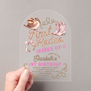 Invitaciones Acrílicas Cumpleaños número 1 de Pink Girls First Rodeo