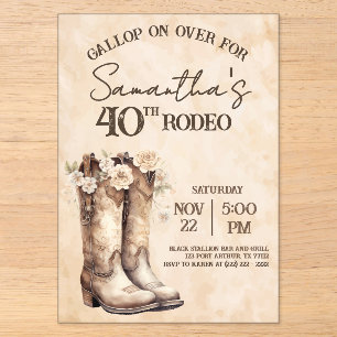 Invitaciones Acrílicas Cumpleaños número 40 de Blush y Boots Rodeo Wester