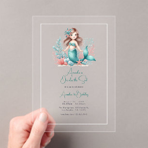 Invitaciones Acrílicas Cumpleaños número uno de sirena "Bajo el mar"