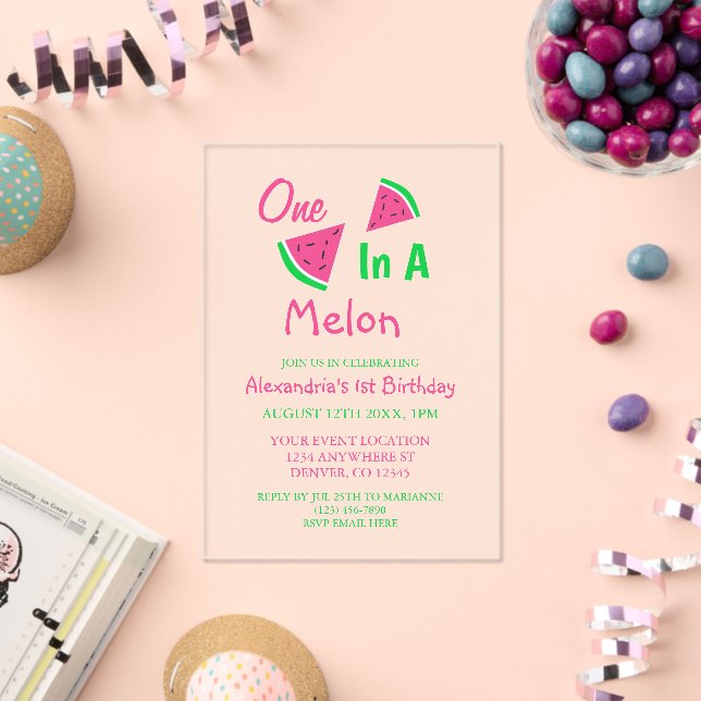 Invitaciones Acrílicas Cumpleaños número uno en un melón (Insitu (Celebración))