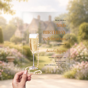 Invitaciones Acrílicas Cumpleaños perlas champán oro blanco claro