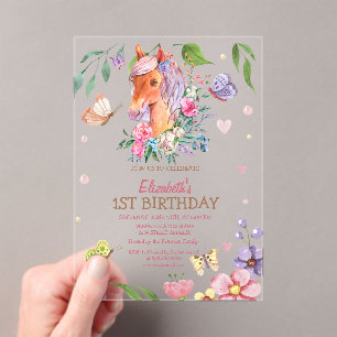 Invitaciones Acrílicas Cumpleaños Pony Mariposa Floral Acuarela Raya