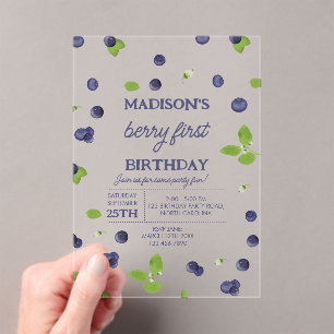 Invitaciones Acrílicas Cumpleaños Primera Fruta Fresca Foto Blueberry 