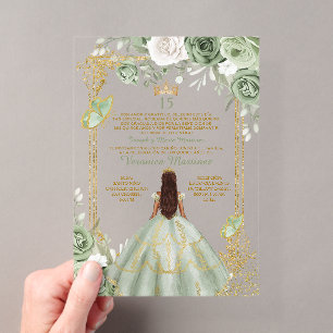 Invitaciones Acrílicas Cumpleaños Princesa Sage Green Spanish Gold 15 Año