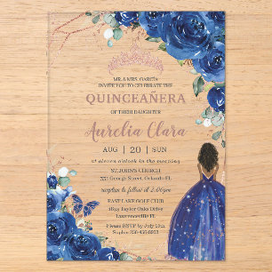 Invitaciones Acrílicas Cumpleaños Quinceañera Azul Real Floral Niña Moren