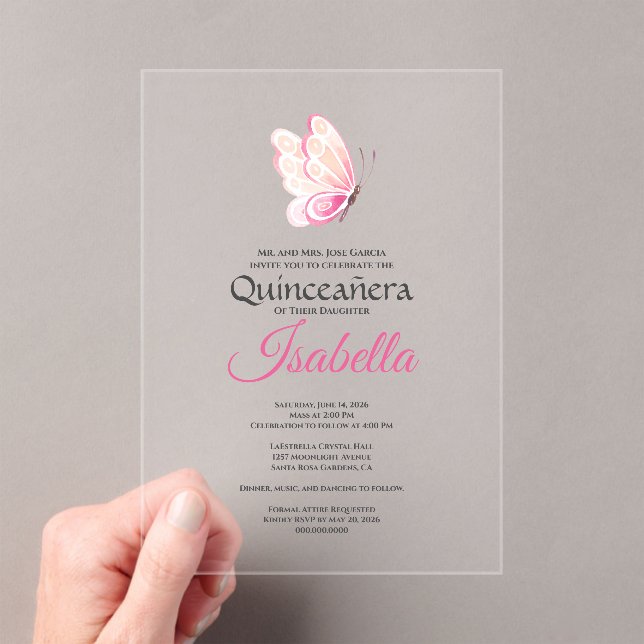 Invitaciones Acrílicas Cumpleaños Quinceañera Mariposa Rosa 15 (Insitu (portátil))