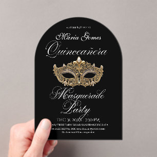 Invitaciones Acrílicas Cumpleaños Quinceañera Máscara de Oro Negro