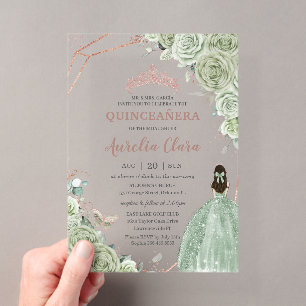 Invitaciones Acrílicas Cumpleaños Quinceañera Verde Salvia Floral Rosa Do