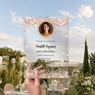 Invitaciones Acrílicas Cumpleaños rosa oro diamante foto claro
