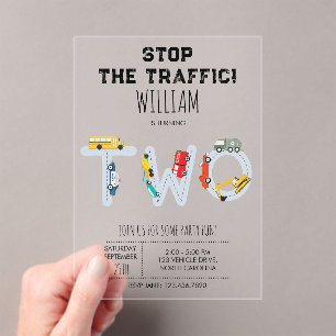 Invitaciones Acrílicas Cumpleaños Segundo de Vehículos de Transporte Urba