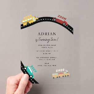 Invitaciones Acrílicas Cumpleaños Segundo Vehículos de Transporte Urbano