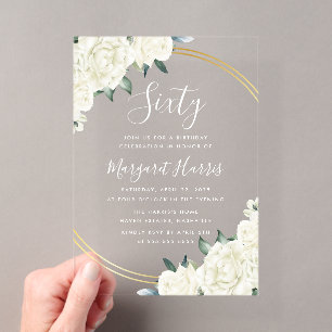 Invitaciones Acrílicas Cumpleaños Sesenta 60 Floral Verde Marfil Dorado