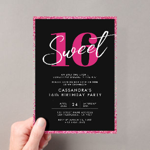 Invitaciones Acrílicas Cumpleaños Sweet 16 Rosa Dorado Elegante y Negro