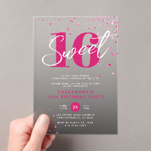 Invitaciones Acrílicas Cumpleaños Sweet 16 Rosa Dorado y Negro