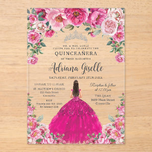 Invitaciones Acrílicas Cumpleaños XV Quinceañera Rosa Fucsia Floral Plata