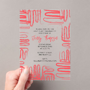 Invitaciones Acrílicas Curva Roja Garabato Ondulado Fiesta de Cumpleaños