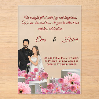 Invitaciones Acrílicas Custom Couple Floral WI.–Pink Flowers &Script Font