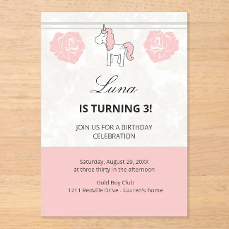 Invitaciones Acrílicas Custom Unicorn Cute Pink Birthday Party Invitation