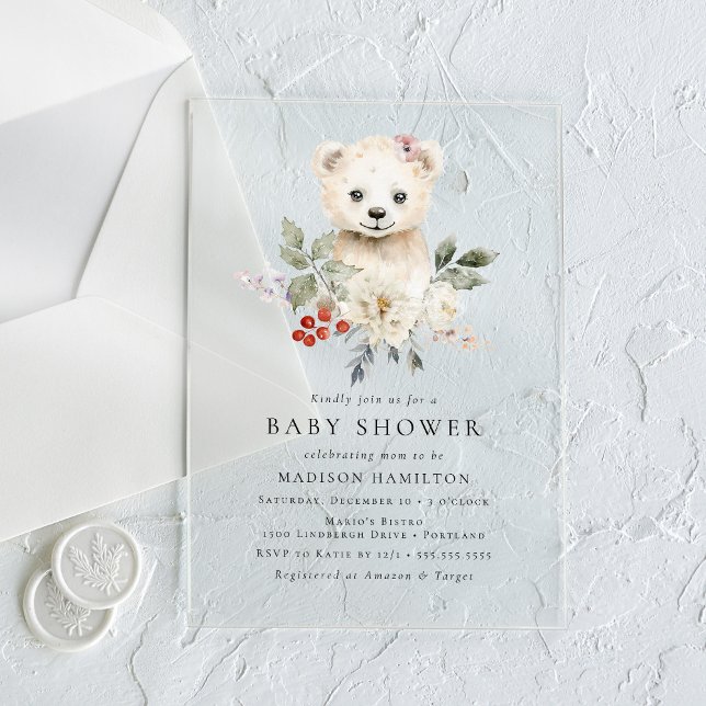 Invitaciones Acrílicas Cute acuarela Polar Bear Winter Baby Shower (Subido por el creador)