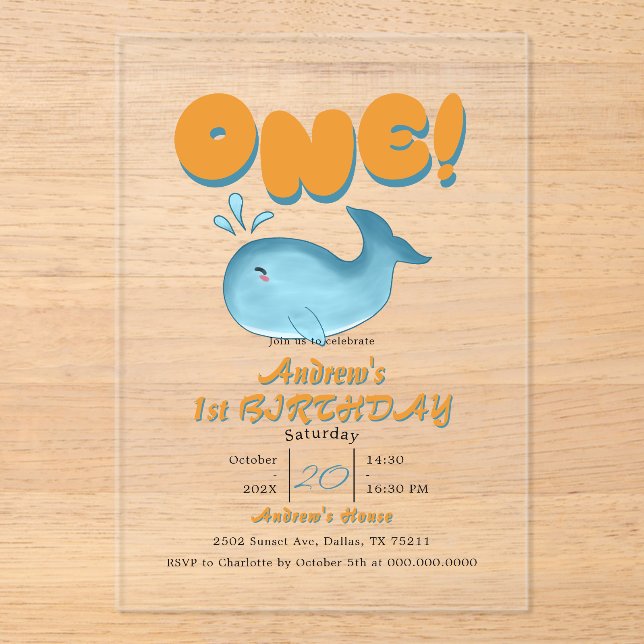 Invitaciones Acrílicas Cute Baby Blue Whale 1st Birthday (Anverso)