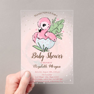 Invitaciones Acrílicas Cute Baby Flamingo Rosa Estrellas Baby Shower