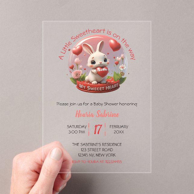 Invitaciones Acrílicas Cute Baby Shower Rabbit Sweetheart Valentine (Insitu (portátil))