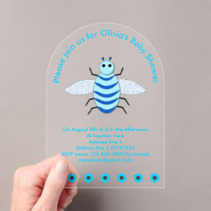 Invitaciones Acrílicas Cute Blue Baby Boy Bee Personalizado Baby Shower