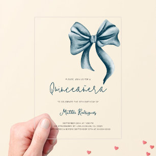 Invitaciones Acrílicas Cute Blue Bow Girly Quinceanera Cumpleaños