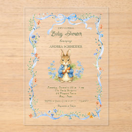 Invitaciones Acrílicas Cute Bunny Boy Floral Blue Bow Baby Shower 