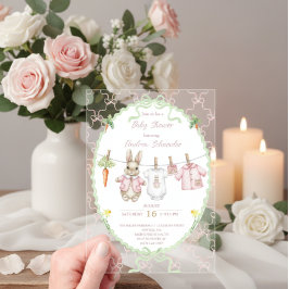 Invitaciones Acrílicas Cute Bunny Girl Clothesline Baby Shower 