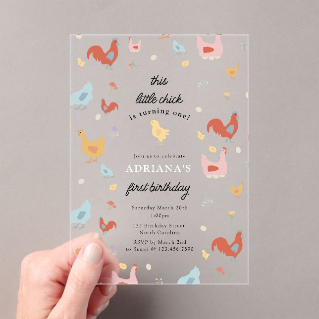 Invitaciones Acrílicas Cute Chickens Hens and Chick Girl First Birthday (Insitu (portátil))