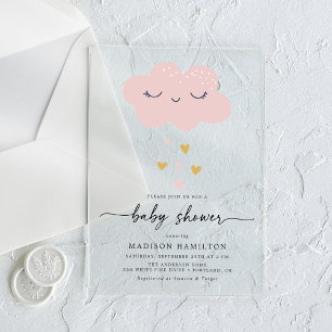 Invitaciones Acrílicas Cute Cloud and Hearts Pink and Gold Baby Shower