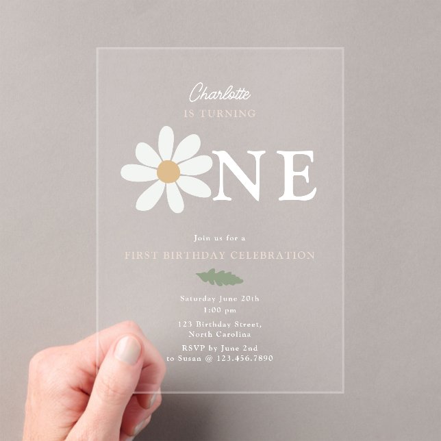 Invitaciones Acrílicas Cute Daisy Flower 1st Birthday Girl Pink (Insitu (portátil))