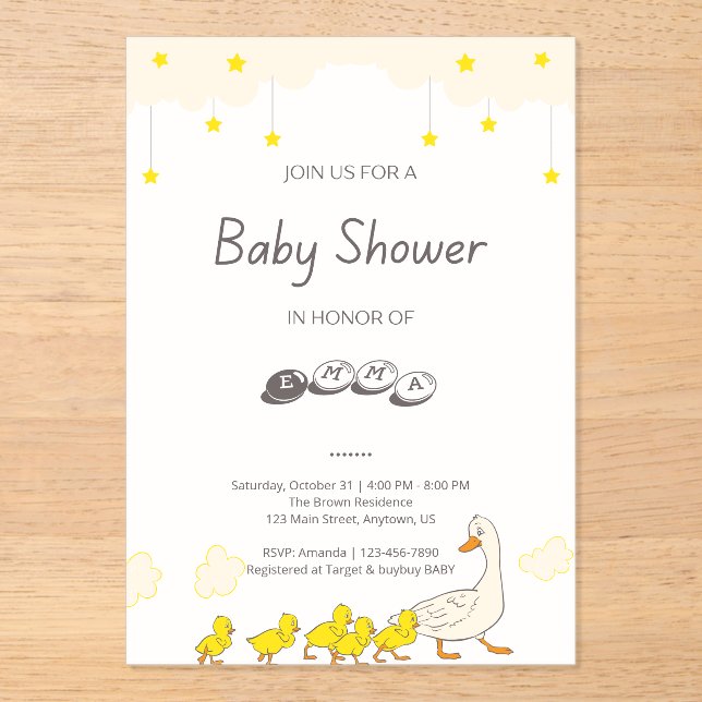Invitaciones Acrílicas Cute Duck Baby Shower Illustration Minimal Style (Anverso)