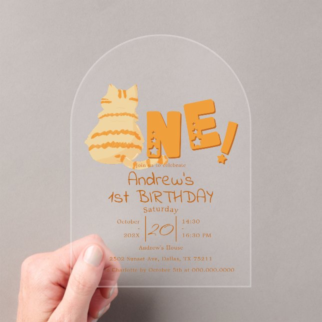 Invitaciones Acrílicas Cute Fat Orange Cat 1st Birthday (Insitu (portátil))
