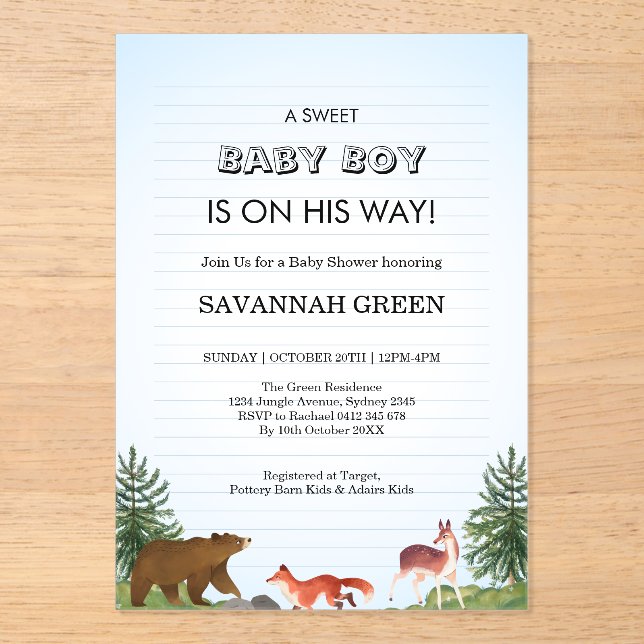Invitaciones Acrílicas Cute Forest Animals Baby Boy Shower Design (Anverso)