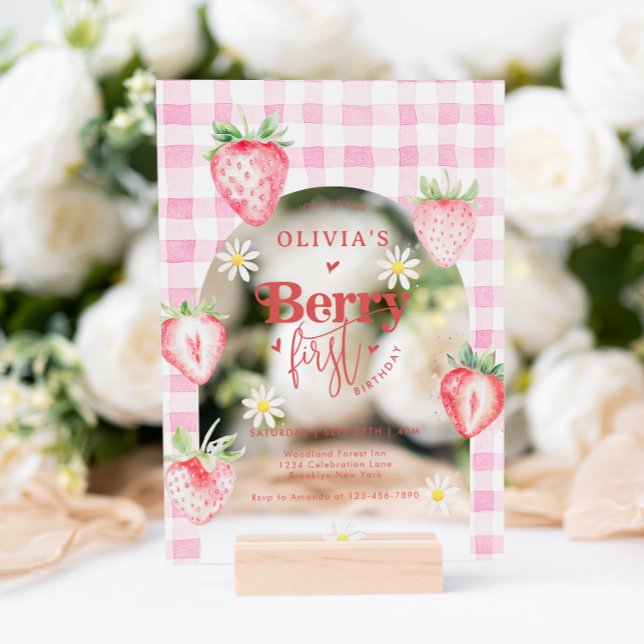 Invitaciones Acrílicas Cute Fresa Fruit Daisy Berry Primer cumpleaños (Subido por el creador)