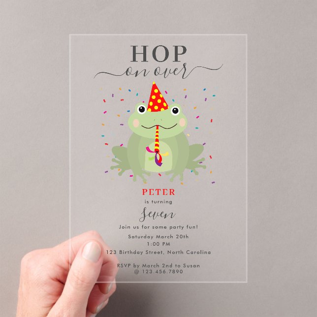 Invitaciones Acrílicas Cute Frog Party Hat Hop On Over Kids Birthday (Insitu (portátil))