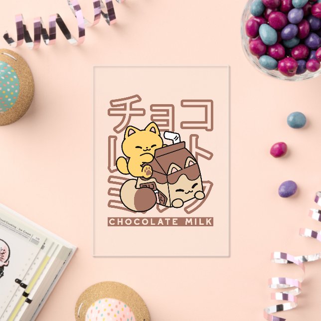 Invitaciones Acrílicas Cute gato montando leche de chocolate Carton Kawai (Insitu (Celebración))