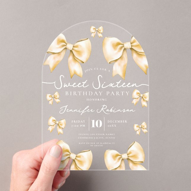 Invitaciones Acrílicas Cute Girly Coquette Bow Sweet 16 Birthday Gold  (Insitu (portátil))