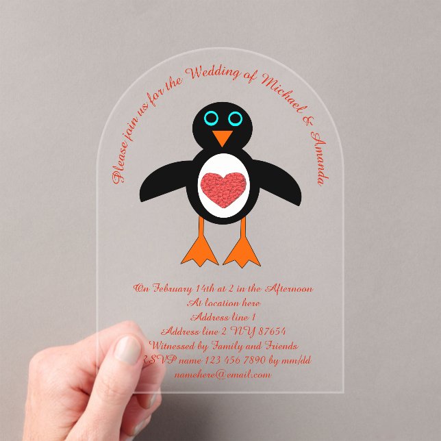 Invitaciones Acrílicas Cute Love Heart Penguin Custom Wedding (Insitu (portátil))