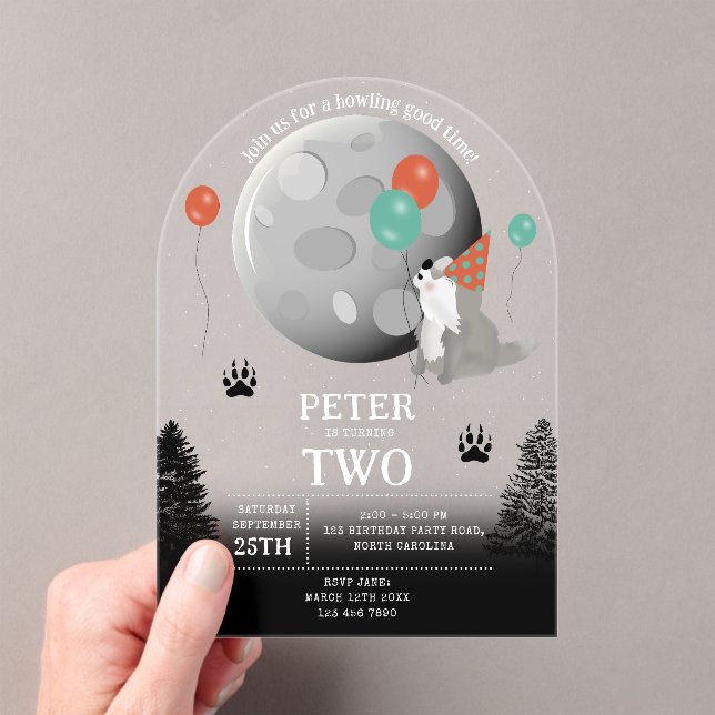 Invitaciones Acrílicas Cute Manada de Lobos Bosque Luna Aullando Cumpleañ (Insitu (portátil))