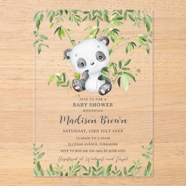 Invitaciones Acrílicas Cute Panda Bear Bamboo Greeneration Baby Shower (Anverso)